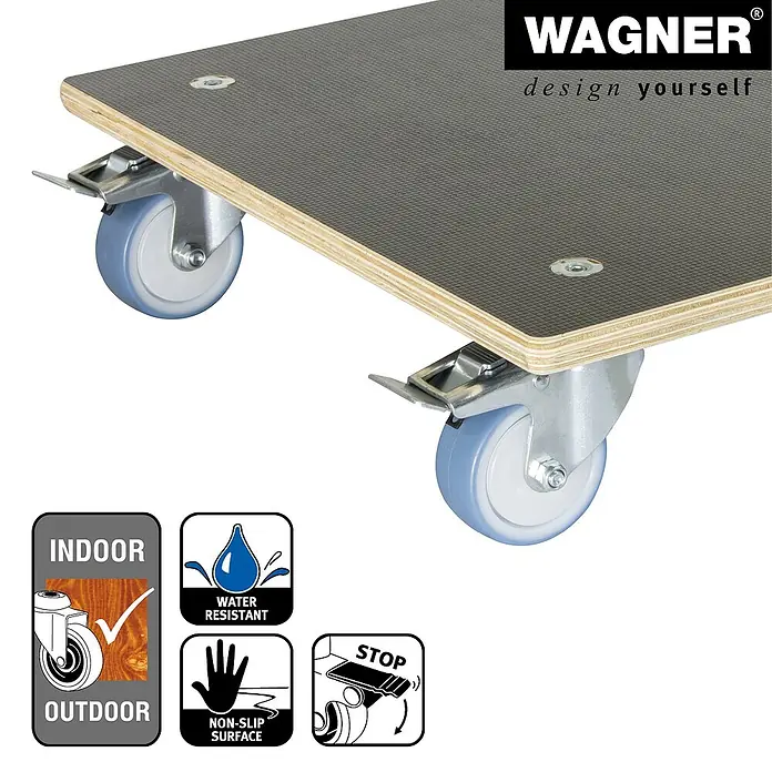 Wagner System Pflanzenroller MaxiGrip - L x B x H: 48 x 48 x 13 cm, Holz, Braun, Max. Belastung: 300 kg - Produktbild einer Möbelroller mit Feststellbremsen, der sowohl für den Innen- als auch für den Außenbereich geeignet ist.