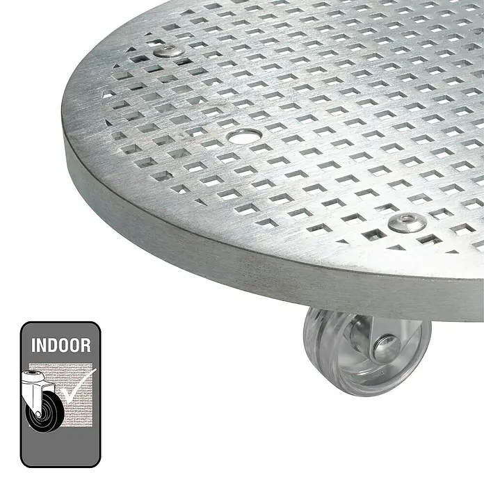 Wagner System Pflanzenroller Steel Retro - Stahl, Silber, Max. Belastung: 50 kg - Eine Nahaufnahme eines runden, silbernen Pflanzenrollers mit transparenten Rollen, geeignet für den Innenbereich.