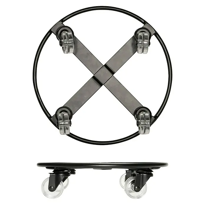 Wagner System Pflanzenroller Skelett Small - Stahl, Schwarz, Max. Belastung: 60 kg - Produktdarstellung eines runden Pflanzenrollers aus Metall mit transparenten Rollen. Ideal für den einfachen Transport schwerer Pflanzen.