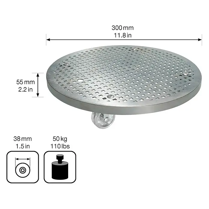 Wagner System Pflanzenroller Steel Retro - Stahl, Silber, Max. Belastung: 50 kg - Abbildung eines runden Pflanzenroller aus Metall mit Rollen, der bis zu 50 kg tragen kann.