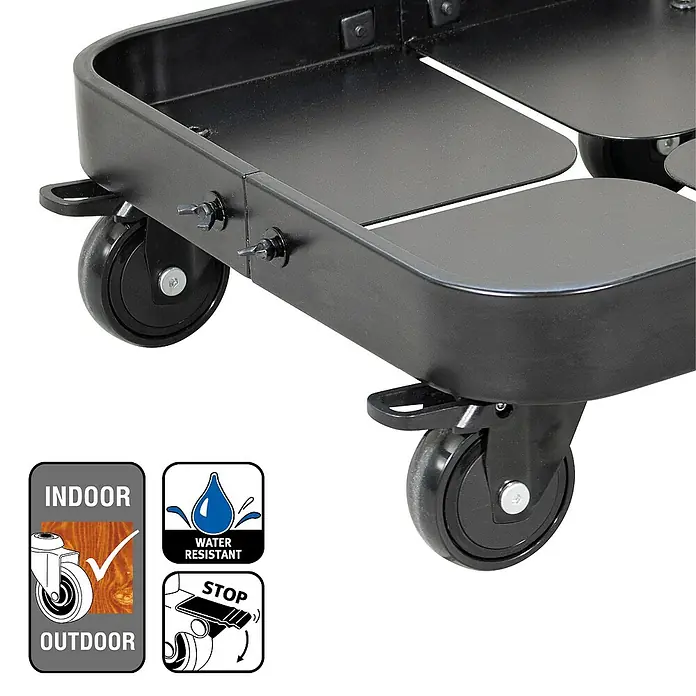 Wagner System Pflanzenroller Sun City Exclusive - L x B x H: 40 x 40 x 14 cm, Stahl, Schwarz, Max. Belastung: 200 kg - Nahaufnahme eines schwarzen Pflanzenrollers mit Rollen und Hinweisen zur Verwendung im Innen- und Außenbereich sowie zur Wasserbeständigkeit.