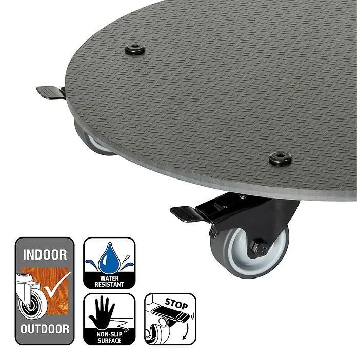 Wagner System Pflanzenroller HPL Black GH0630 - Schwarz, Max. Belastung: 100 kg - Bild einer runden Pflanzenroller-Untersetzer mit stoßfestem, wasserfestem und rutschfestem Design für den Innen- und Außenbereich.