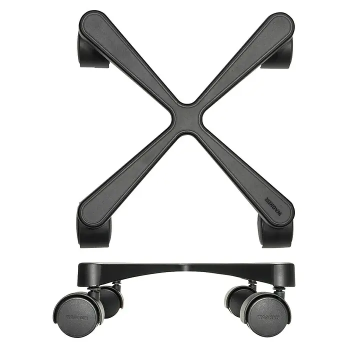 Wagner System Pflanzenroller Cross - Aluminium, Schwarz, Max. Belastung: 60 kg - Ein schwarzer Wagner Pflanzenroller mit einem X-förmigen Design und vier Rollen, die eine einfache Bewegung von Pflanzen ermöglichen.