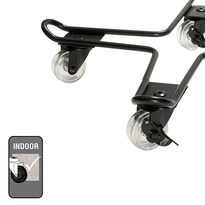 Wagner System Pflanzenroller Draht - L x B x H: 33 x 33 x 7 cm, Stahl, Schwarz, Max. Belastung: 60 kg - Nahaufnahme von Möbelrollen mit transparenten Rädern und schwarzer Halterung, geeignet für den Innenbereich.