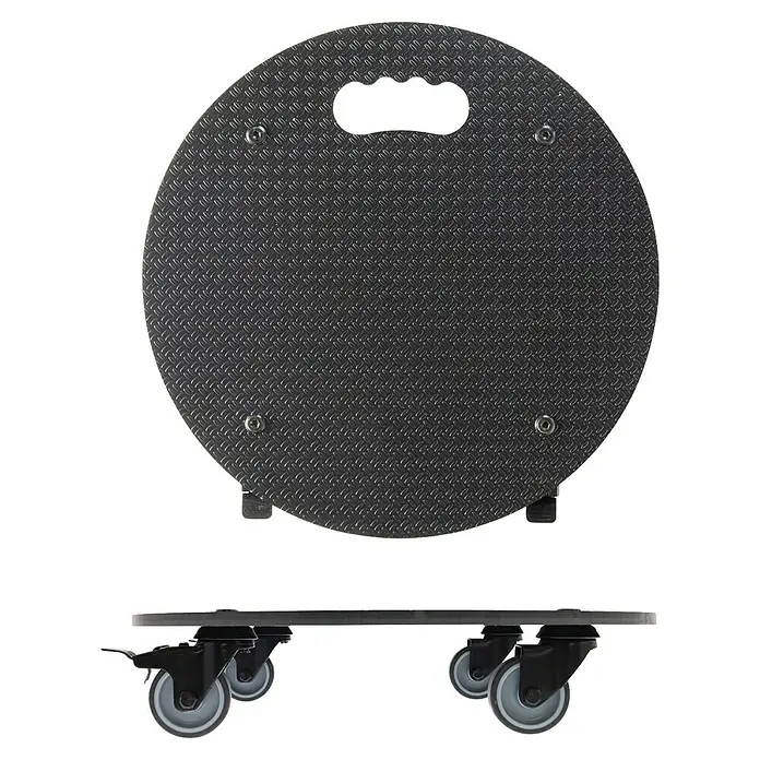 Wagner System Pflanzenroller HPL Black GH0630 - Schwarz, Max. Belastung: 100 kg - Eine runde, schwarze Transportplattform mit Griffloch und vier Rollen zur einfachen Bewegung von Lasten.