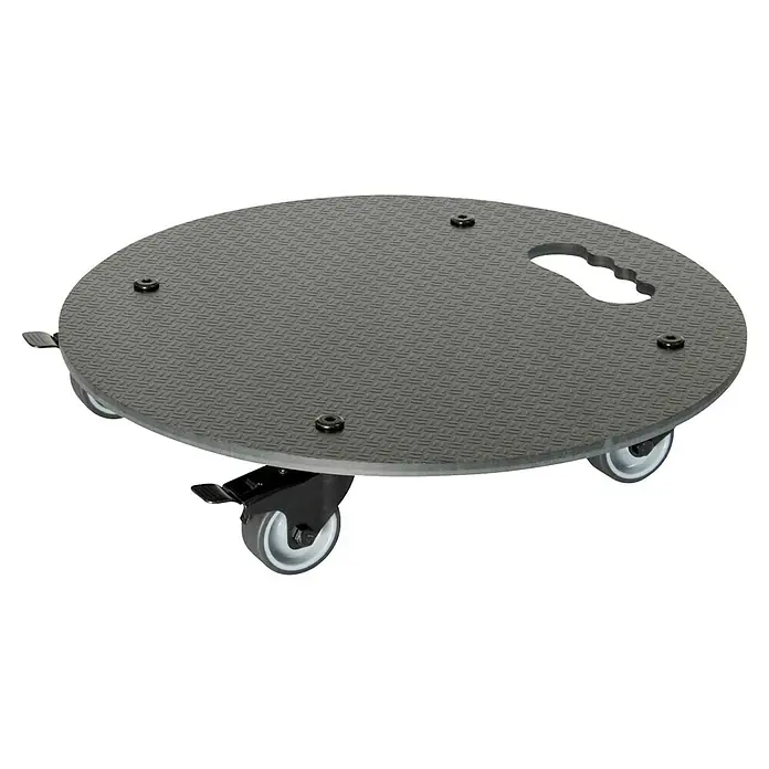 Wagner System Pflanzenroller HPL Black GH0630 - Schwarz, Max. Belastung: 100 kg - Produktbild einer grauen, runden Werkstattrolle mit Rollen und Löchern auf einer schwarzen Oberfläche.