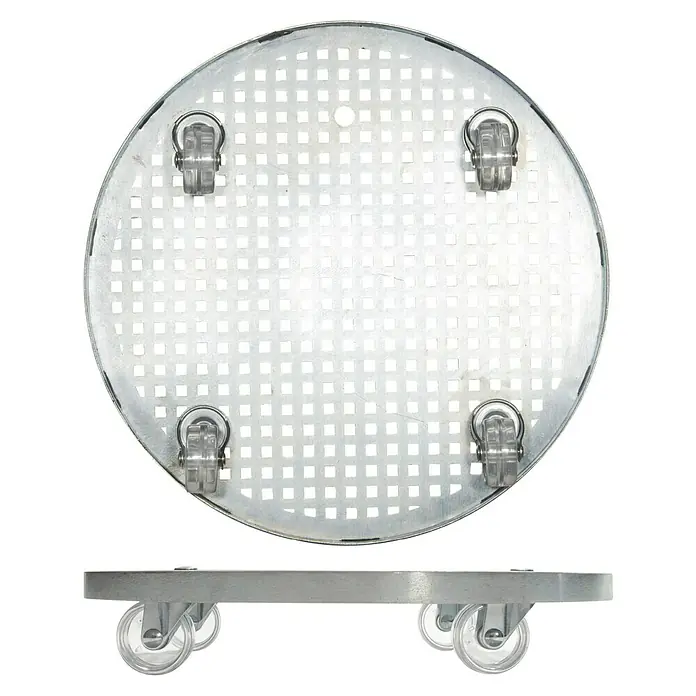 Wagner System Pflanzenroller Steel Retro - Stahl, Silber, Max. Belastung: 50 kg - Produktbild eines runden Pflanzenrollers aus Metall mit transparenten Rollen. Ideal zum einfachen Bewegen schwerer Töpfe im Haus und Garten.
