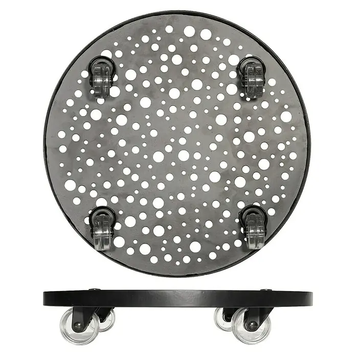 Wagner System Pflanzenroller Steel Retro - Stahl, Schwarz, Max. Belastung: 50 kg - Rollbarer Pflanzenständer aus Metall. Das Produkt hat ein durchlöchertes Design und transparente Rollen für einfache Mobilität.