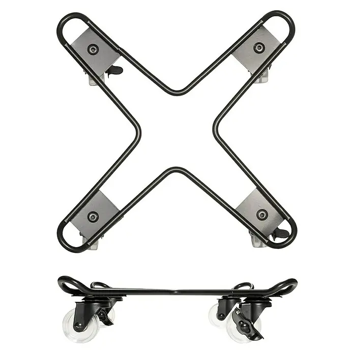 Wagner System Pflanzenroller Draht - L x B x H: 33 x 33 x 7 cm, Stahl, Schwarz, Max. Belastung: 60 kg - Bild einer Universal-Gerätebasis mit vier Rollen und einer X-förmigen, schwarzen Metallbasis mit vier Befestigungsplatten für Geräte.