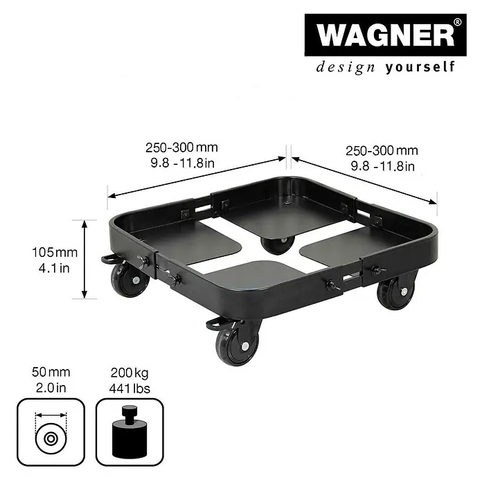 Wagner System Pflanzenroller Sun City Exclusive - L x B x H: 25 x 25 x 10,5 cm, Stahl, Schwarz, Max. Belastung: 200 kg - Abbildung eines schwarzen, quadratischen Rollbretts von Wagner mit den Maßen 250-300 mm, einer Höhe von 105 mm und einer Traglast von 200 kg.