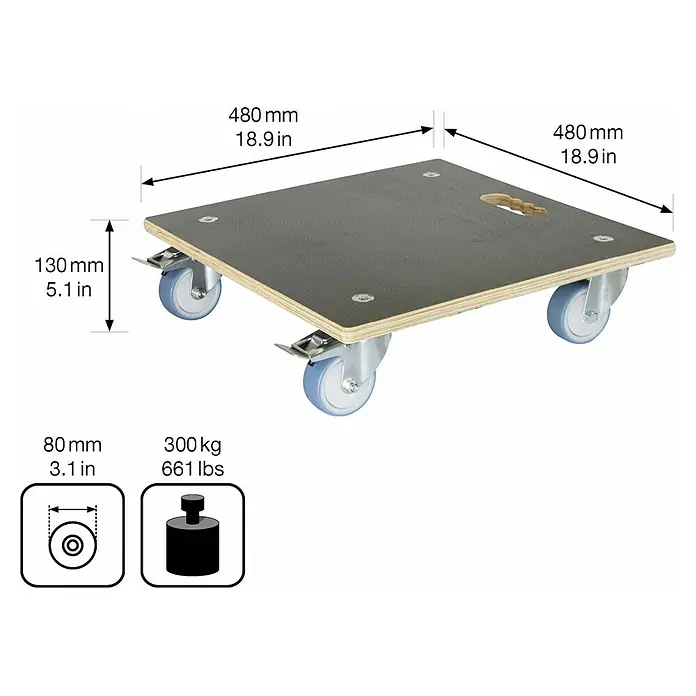 Wagner System Pflanzenroller MaxiGrip - L x B x H: 48 x 48 x 13 cm, Holz, Braun, Max. Belastung: 300 kg - Produktbild einer Rollplatte mit den Maßen 480 x 480 mm und einer Traglast von 300 kg, ideal für den Transport schwerer Gegenstände.