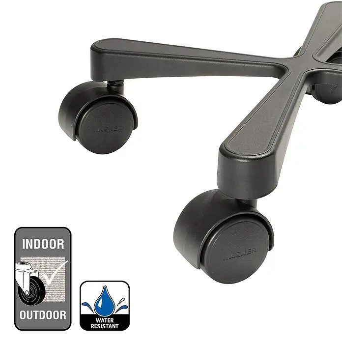 Wagner System Pflanzenroller Cross - Aluminium, Schwarz, Max. Belastung: 60 kg - Nahaufnahme des Bürostuhls Wagner mit schwarzen Rollen, geeignet für Innen- und Außenbereiche, wasserabweisend.