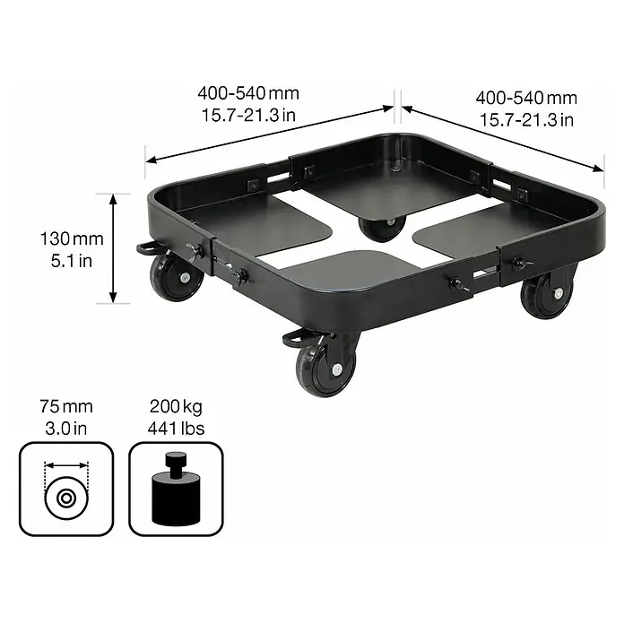 Wagner System Pflanzenroller Sun City Exclusive - L x B x H: 40 x 40 x 14 cm, Stahl, Schwarz, Max. Belastung: 200 kg - Produktbild eines Transportrollers mit den Maßen 400-540mm x 400-540mm und einer Höhe von 130mm, Räderdurchmesser von 75mm und einer maximalen Belastung von 200kg.