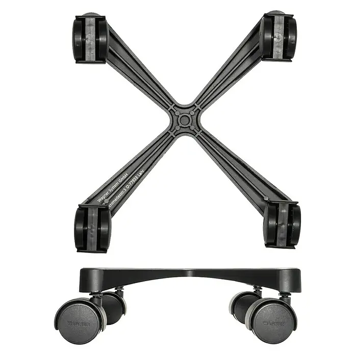 Wagner System Pflanzenroller Cross - Aluminium, Schwarz, Max. Belastung: 60 kg - Bild eines Wagner System GmbH Möbelrollers mit X-förmigem Design und vier Rollen. Ideal für den flexiblen Einsatz im Haushalt.