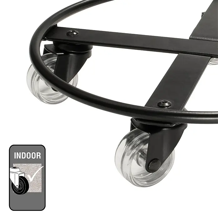 Wagner System Pflanzenroller Skelett Small - Stahl, Schwarz, Max. Belastung: 60 kg - Nahaufnahme einer schwarzen Pflanzenroller-Basis mit durchsichtigen Rollen, geeignet für den Innenbereich.