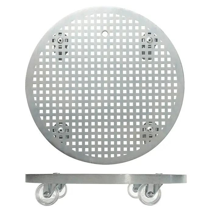 Wagner System Pflanzenroller Steel Retro - Stahl, Silber, Max. Belastung: 50 kg - Kreisförmiger Pflanzenroller aus Metall mit quadratischen Ausschnitten und Rädern. Praktisch für den Transport schwerer Pflanzen.