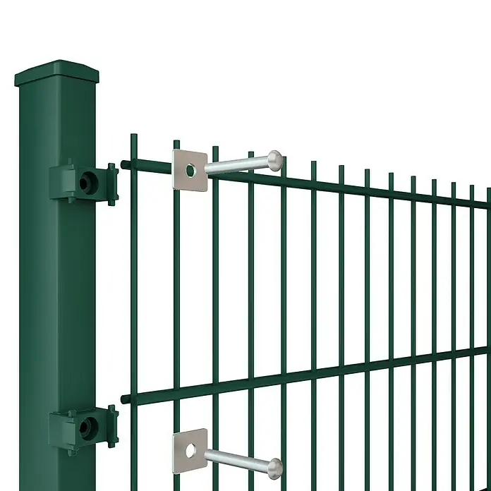 Mattenzaun Vega 2D - Grün, B x H: 2.500 x 830 mm, Stahl - Nahaufnahme eines grünen Doppelstabmattenzauns mit Pfostenbefestigung und silberfarbenen Schrauben.