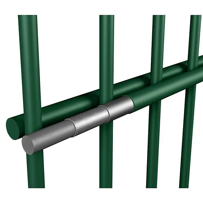 Mattenzaun Vega 2D - Grün, B x H: 2.500 x 830 mm, Stahl - Detailaufnahme eines grünen Rankgitters mit einer silberfarbenen Verstrebung, die zusätzliche Stabilität bietet.