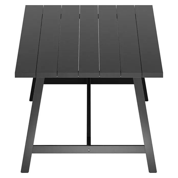 Sunfun Melina Gartentisch - L x B x H: 240 x 100 x 75 cm, Akazie, Rechteckig, Black Washed - Nahaufnahme eines schwarzen Gartentisches mit Lattenrost und dunklem Gestell. Robustes Design für den Außenbereich.