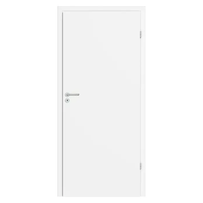 Classen PL Zimmertür - 860 x 1.985 mm, DIN Anschlag: Rechts, Monari Weiß, Wabe - Nahaufnahme einer weißen Innentür mit silbernem Türgriff und minimalistischem Design, ideal für moderne Wohnräume.