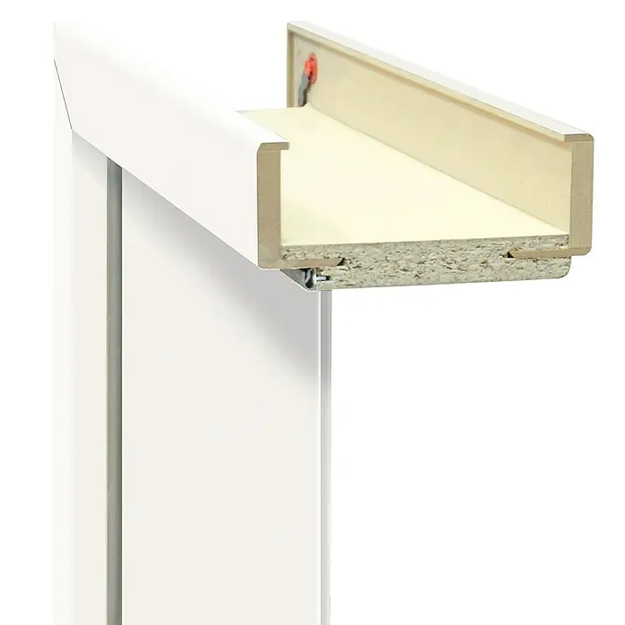 Classen PL Türzarge - 735 x 1.985 mm, Wandstärke: 140 mm, DIN Anschlag: Links, Monari Weiß - Nahaufnahme eines weißen Möbelstücks mit einer hellbraunen Innenseite, das die Materialzusammensetzung und Bauweise des Produkts zeigt.