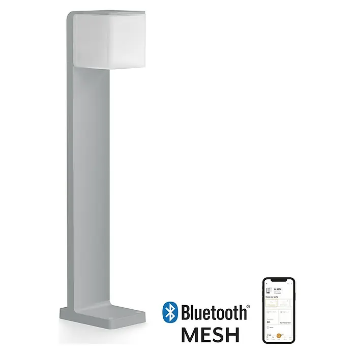 Steinel Außensockelleuchte GL 80 SC silber - Farbe Gehäuse: Silber, Warmweiß, 13 x 11 x 63,3 cm, Mit Leuchtmittel - Nahaufnahme einer modernen, grauen LED-Außenleuchte mit Bluetooth Mesh-Technologie, ideal für die Beleuchtung von Gärten und Wegen.