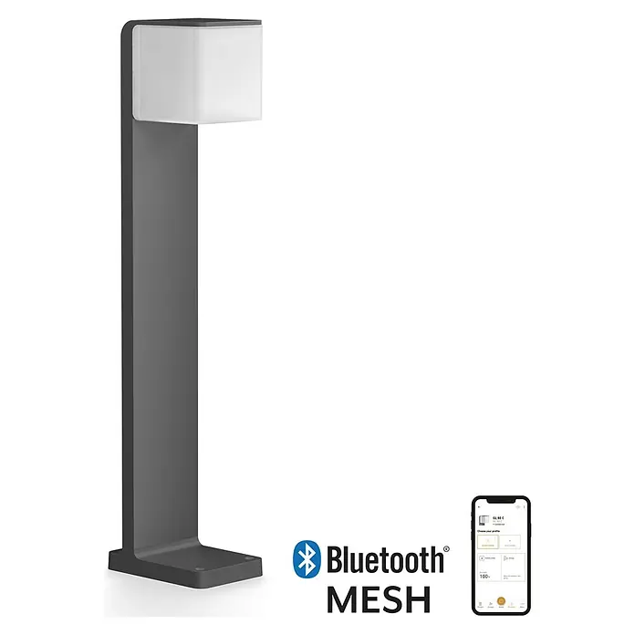 Steinel LED-Außenwegleuchte GL 80 C - L x B x H: 11 x 16,1 x 64,8 cm, Anthrazit, Warmweiß - Diese Abbildung zeigt eine moderne graue Wegeleuchte mit Bluetooth-Mesh-Technologie und Smartphone-App-Steuerung.