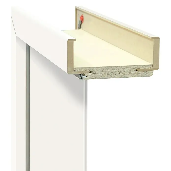 Classen PL Türzarge - 735 x 1.985 mm, Wandstärke: 160 mm, DIN Anschlag: Links, Monari Weiß - Detailansicht einer modernen, weißen Türzarge mit einer hellen, holzfarbenen Innenseite, die die Konstruktion und das Befestigungssystem zeigt.
