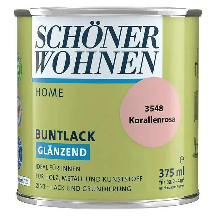 SCHÖNER WOHNEN-Farbe Home Buntlack - Korallenrosa, Glänzend, 375 ml, Wasserbasiert - Dose Schöner Wohnen Buntlack glänzend in der Farbe Korallenrosa, 375 ml, ideal für Holz, Metall und Kunststoff im Innenbereich.