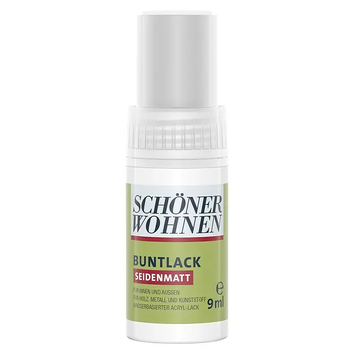SCHÖNER WOHNEN-Farbe Home Lackstift - Weiß, 9 ml, Seidenmatt, Wasserbasiert - Eine Nahaufnahme eines kleinen Topfes "Schöner Wohnen Buntlack Seidenmatt" Farbe, ideal für Holz-, Metall- und Kunststoffoberflächen.