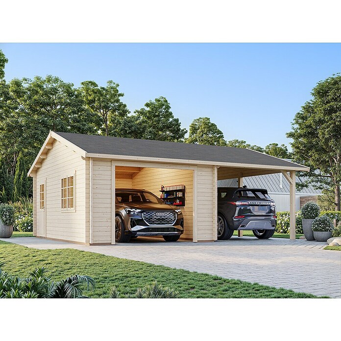 Palmako Garaje con carport Roger sin puerta (Medidas ext. (An x Pr): 706 x 619 cm, Natural, Madera, 19 m², Sin tratar) | BAUHAUS