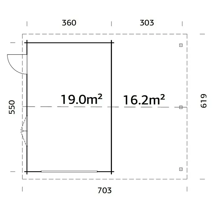 Palmako Garaje con carport Roger sin puerta - Medidas ext. (An x Pr): 706 x 619 cm, Natural, Madera, 19 m², Sin tratar - Plano de una caseta de jardín de 703 x 619 cm, que consta de dos habitaciones con superficies de 19,0 m² y 16,2 m².