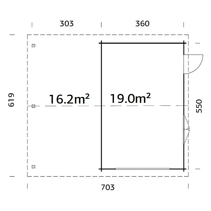 Palmako Garaje con carport Roger sin puerta - Medidas ext. (An x Pr): 706 x 619 cm, Natural, Madera, 19 m², Sin tratar - Plano de planta de una caseta de jardín con dos habitaciones, cuyas áreas se especifican como 16.2m² y 19.0m². Dimensiones en mm.