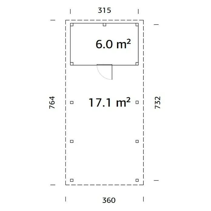 Palmako Carport con trastero Karl - Medidas ext. (An x Pr): 315 x 732 cm, Carport individual, Natural - Plano de planta de una casa con dimensiones y detalles del área, proporcionando una representación espacial clara.