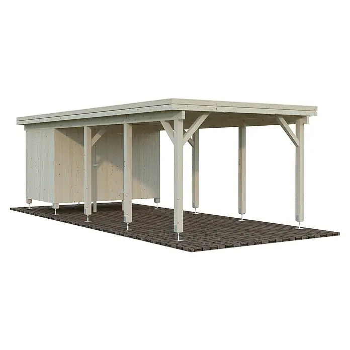 Palmako Carport con trastero Karl - Medidas ext. (An x Pr): 315 x 732 cm, Carport individual, Natural - Un cobertizo de madera clara se alza sobre un suelo de adoquines. El cobertizo ofrece refugio con un diseño abierto y postes de madera robustos.
