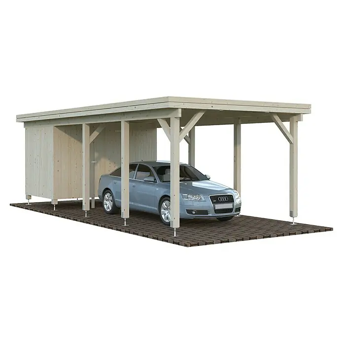 Palmako Carport con trastero Karl - Medidas ext. (An x Pr): 315 x 732 cm, Carport individual, Natural - Un carport de madera con un Audi plateado estacionado. Este carport ofrece protección y es un complemento elegante para cualquier hogar.