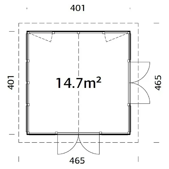 Palmako Gartenhaus Isabella - Außenmaß inkl. Dachüberstand (B x T): 465 x 465 cm, Unbehandeltes Holz, Natur - Grundriss eines quadratischen Gartenhauses mit Doppeltür und einer Fläche von 14,7 m². Die Außenmaße betragen 401x401 cm.