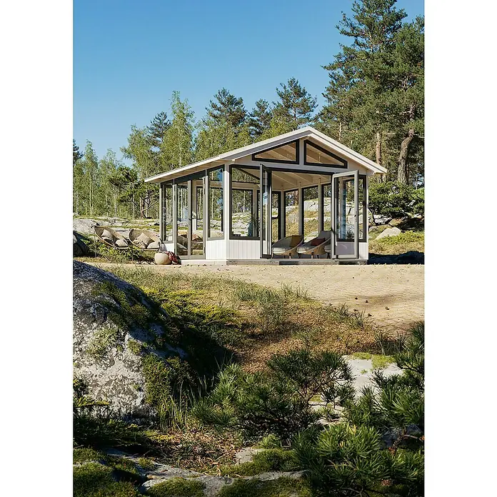 Palmako Caseta de jardín Isabella - Medidas ext. (An x Pr): 465 x 465 cm, Madera sin tratar, Natural - Acogedora caseta de jardín con paredes de vidrio y marcos negros, rodeada de vegetación y árboles. El refugio exterior perfecto.