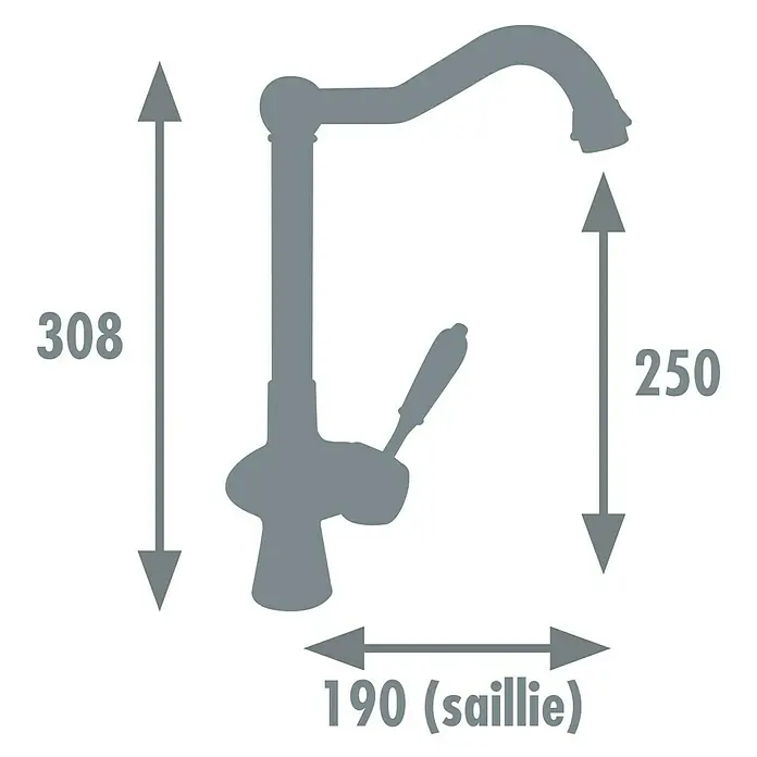 Rousseau Grifo de cocina Cook - Bronce - Imagen de un grifo de cocina con dimensiones de 308 mm de altura, 250 mm de altura de salida y 190 mm de proyección.