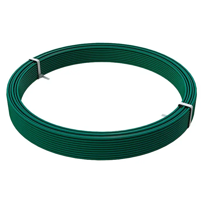 Alambre plastificado - Ø x L: 2,8 mm x 100 m - Una bobina de alambre recubierto de plástico verde, sujeta con bridas blancas, sobre un fondo neutro.