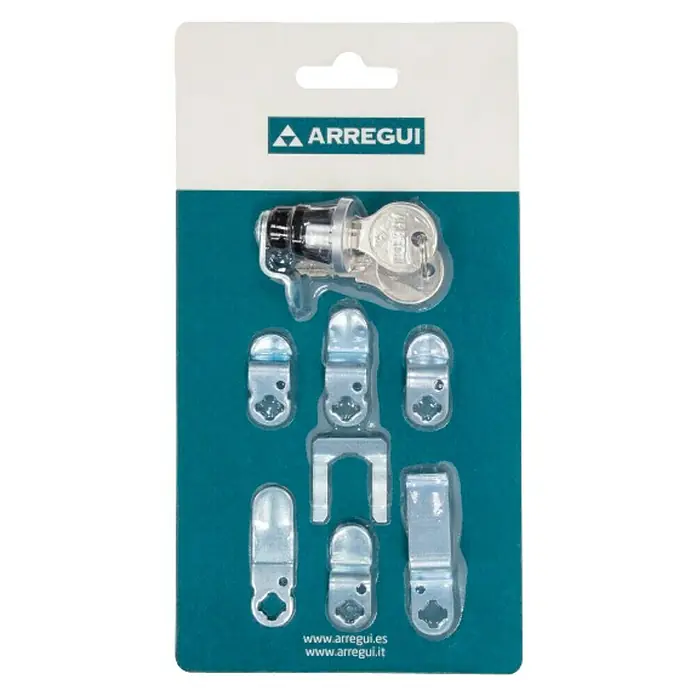 Arregui Cilindro de recambio CER1001 - Apto para: Buzones con cerradura cromada - Imagen de una cerradura de buzón Arregui con accesorios en un embalaje.