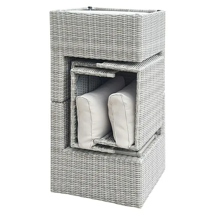 Conjunto de muebles Delma - 5 pzs., Ratán sintético, Gris - Elegante sillón de ratán con diseño minimalista y almacenamiento integrado para cojines, ideal para exteriores.