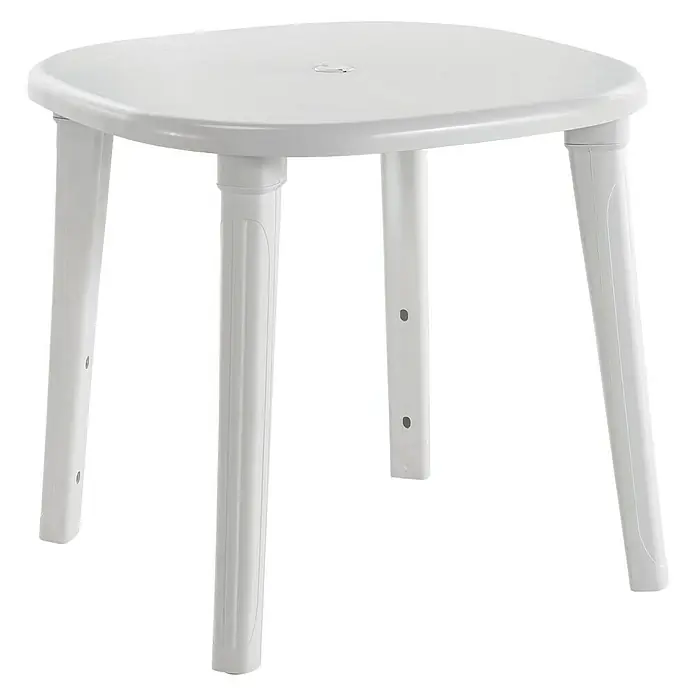 Mesa de jardín redonda Cancún - Ø x Al: 80 x 73 cm, Blanco, Apilable - Primer plano de una mesa de plástico blanca y cuadrada con cuatro patas, ideal para uso interior y exterior.