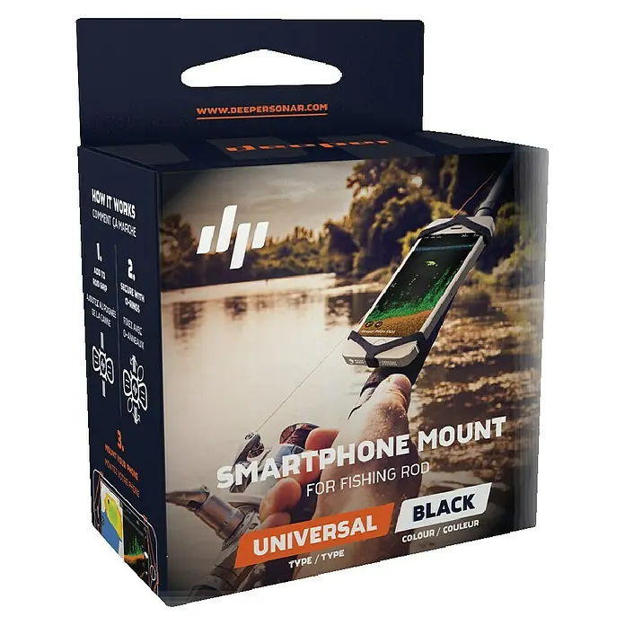 Deeper Smartphone-Halter - Passend für: 3,5 Zoll / 9 cm, max. 5 Zoll / 13 cm Smartphones - Produktverpackung einer schwarzen Smartphone-Halterung zur Befestigung am Angelgerät, universell einsetzbar.
