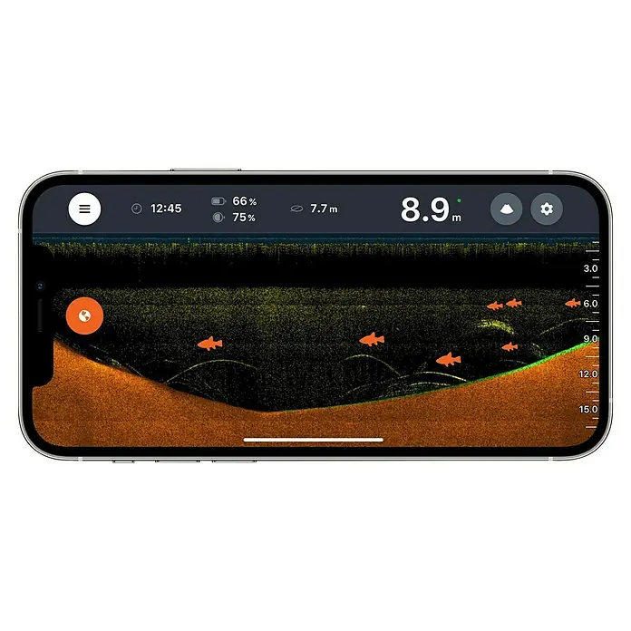 Deeper Fishfinder Start - Höhe: 58 mm, WLAN - Smartphone-Display mit Fischfinder-App, das Fische, Wassertiefe und Bodenstruktur anzeigt. Ideal für Angler, um den besten Angelplatz zu finden.