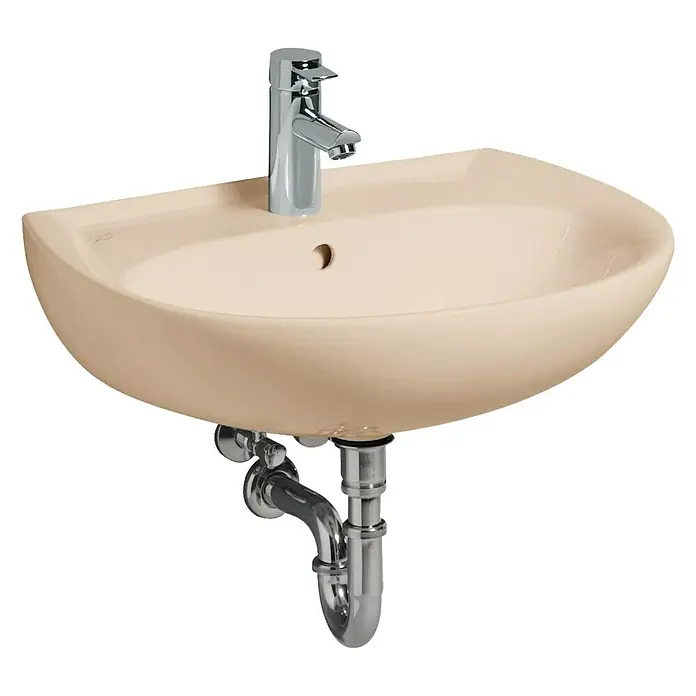 Geberit Renova Waschtisch - 60 x 49 cm, Ohne Spezialglasur, Hahnloch: Mitte, Mit Überlauf, Beige - Keramikwaschbecken in Beige mit Chromarmatur und Siphon vor schwarzem Hintergrund.