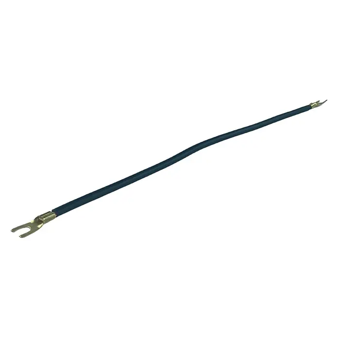 Verdrahtungsbrücke - Länge: 265 mm, 5 Stk. - Ein isoliertes schwarzes Kabel mit zwei Kabelschuhen an jedem Ende auf gestreiftem Hintergrund.