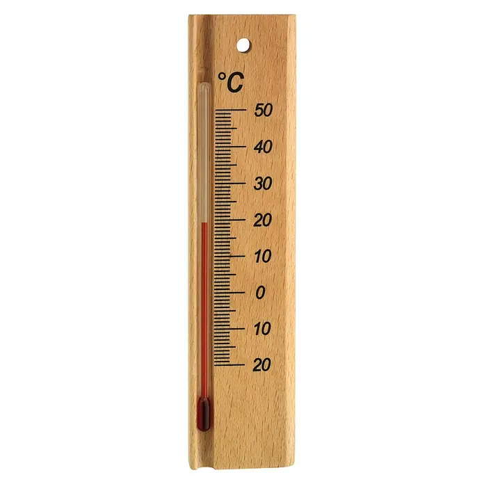TFA Dostmann Innen-Thermometer - Analog, L x B x H: 3,6 cm x 8 mm x 14,6 cm, Braun - Nahaufnahme eines Holzthermometers mit einer Temperaturanzeige von etwa 18 Grad Celsius.