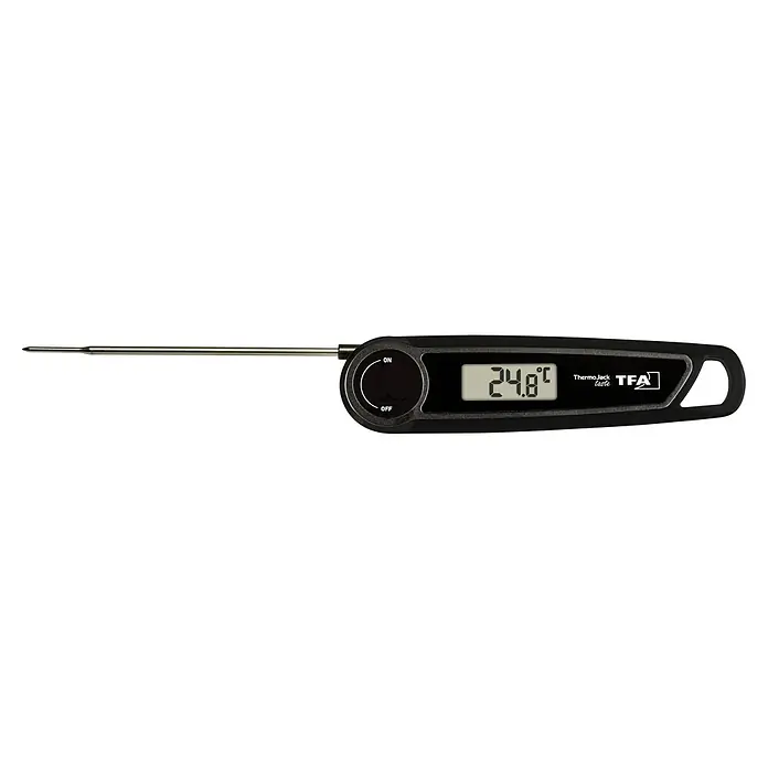 TFA Dostmann Grill-Thermometer Jack Taste - Digital - Das Bild zeigt ein digitales Küchenthermometer der Marke TFA mit einer Temperaturanzeige von 24,8°C und einem Ein-/Ausschalter.