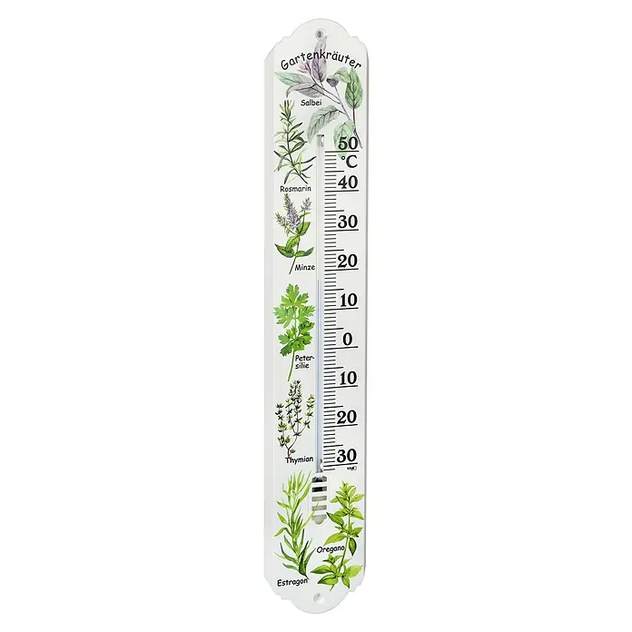 TFA Dostmann Thermometer Kräuter - Analog, L x B x H: 50 x 5 x 9,2 cm, Weiß mit Muster - Kräuter-Thermometer mit Abbildungen von Gartenkräutern wie Salbei, Rosmarin und Thymian, ideal für die Temperaturmessung im Garten.